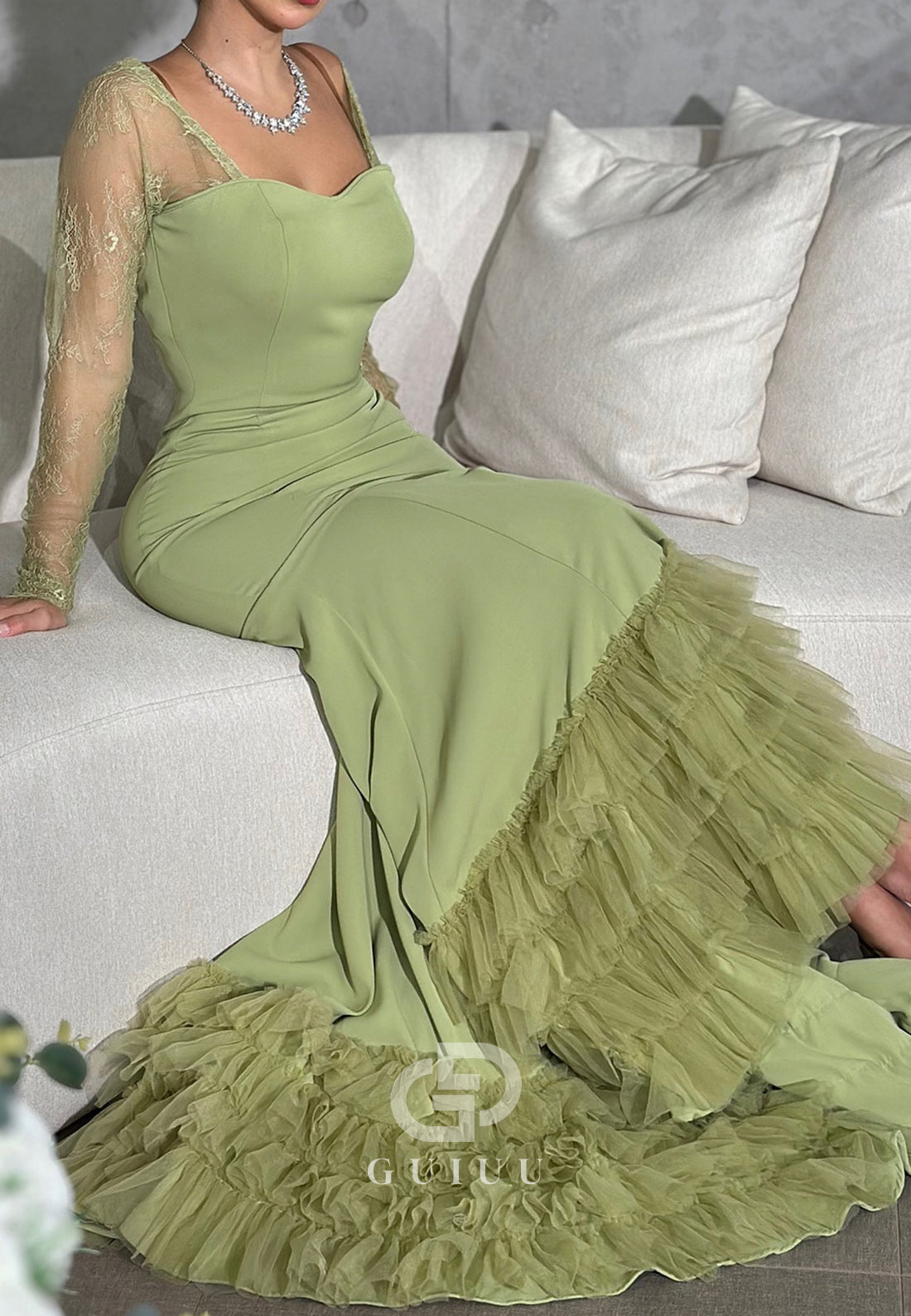 Mermaid Long Sleeves Square Ruffles Evening Dress