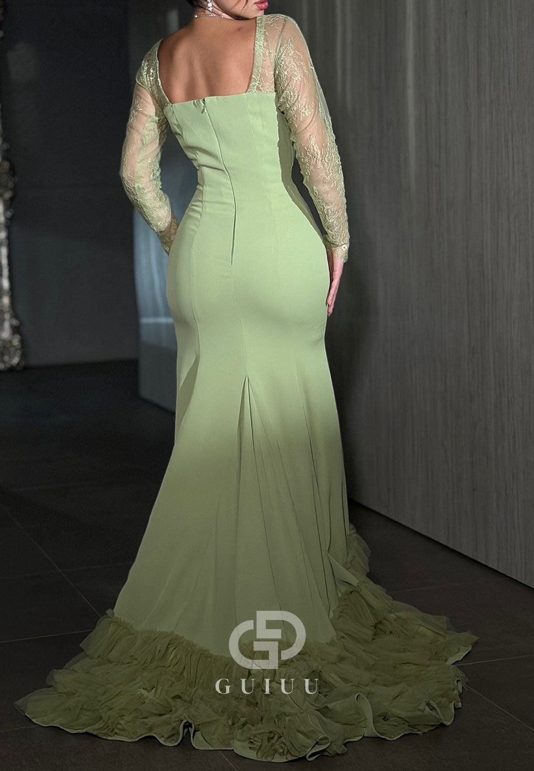 Mermaid Long Sleeves Square Ruffles Evening Dress