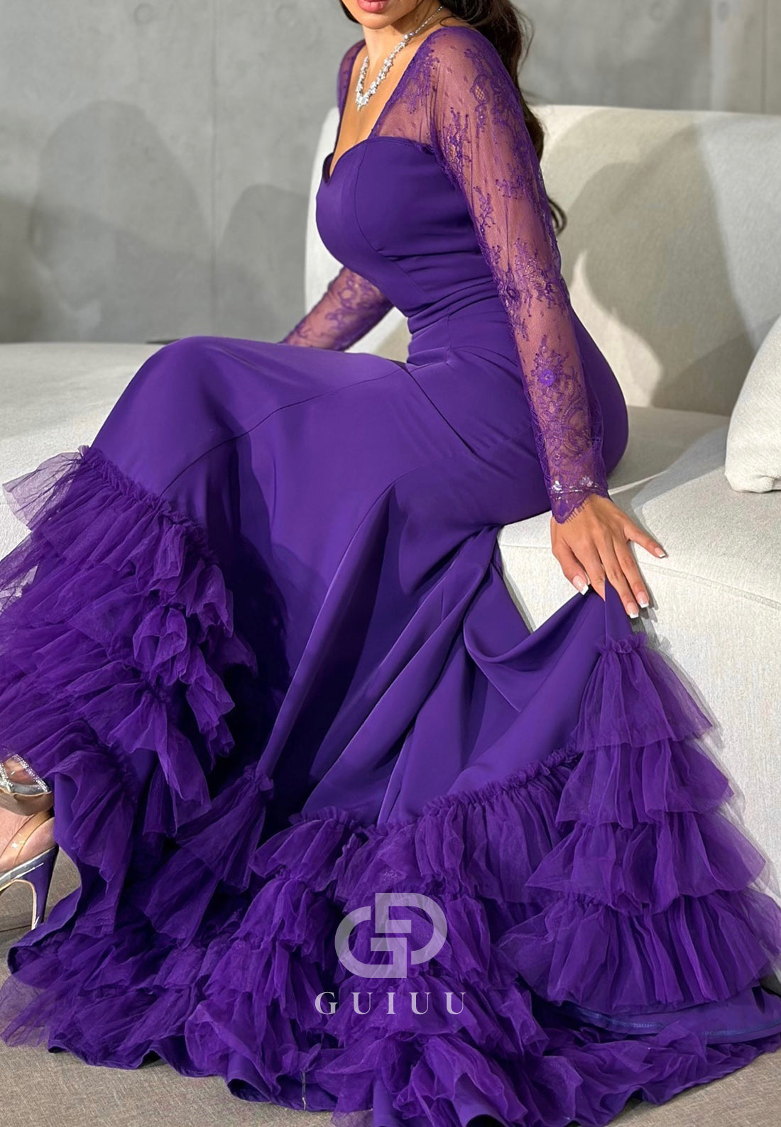Mermaid Long Sleeves Square Ruffles Evening Dress