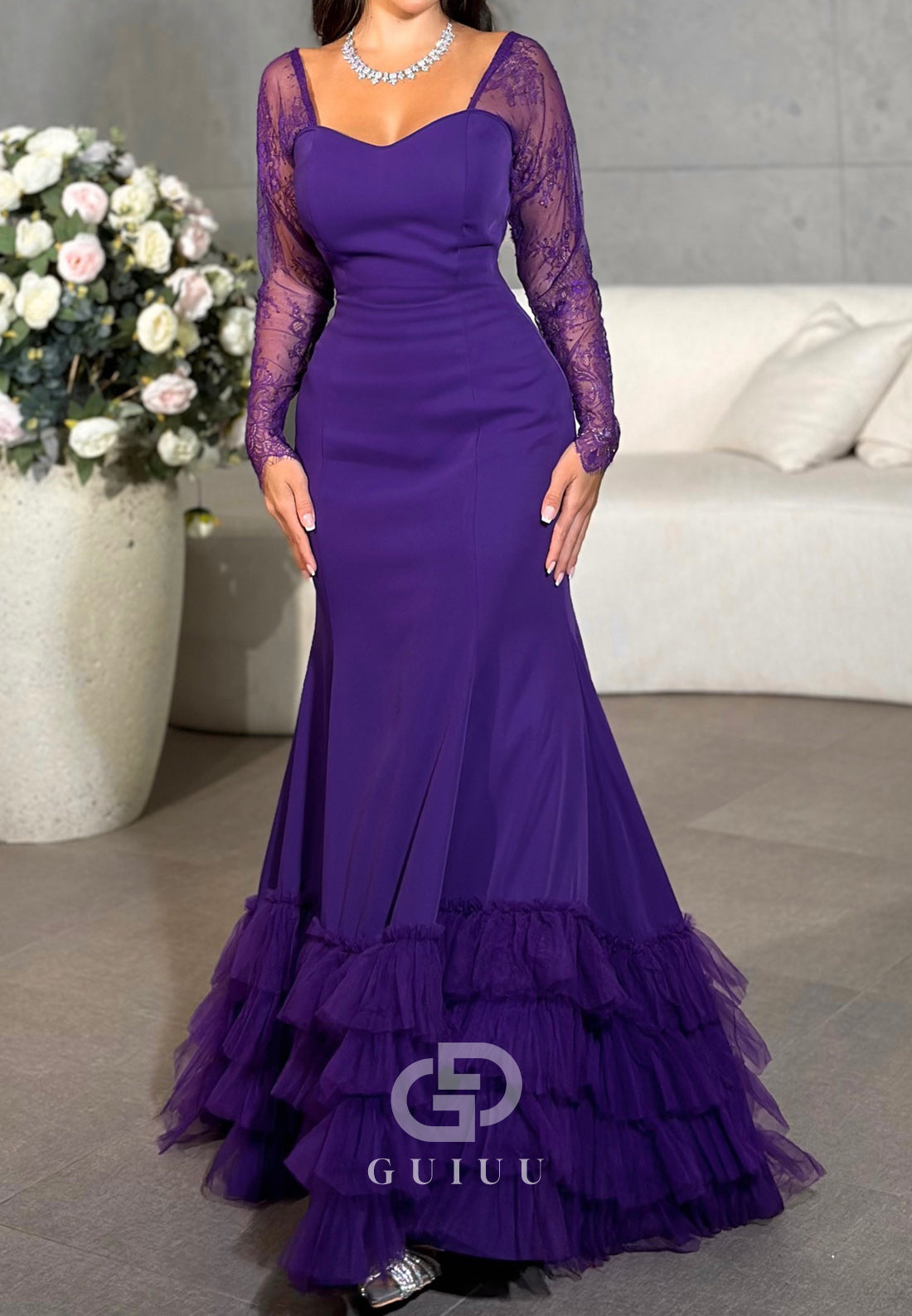 Mermaid Long Sleeves Square Ruffles Evening Dress