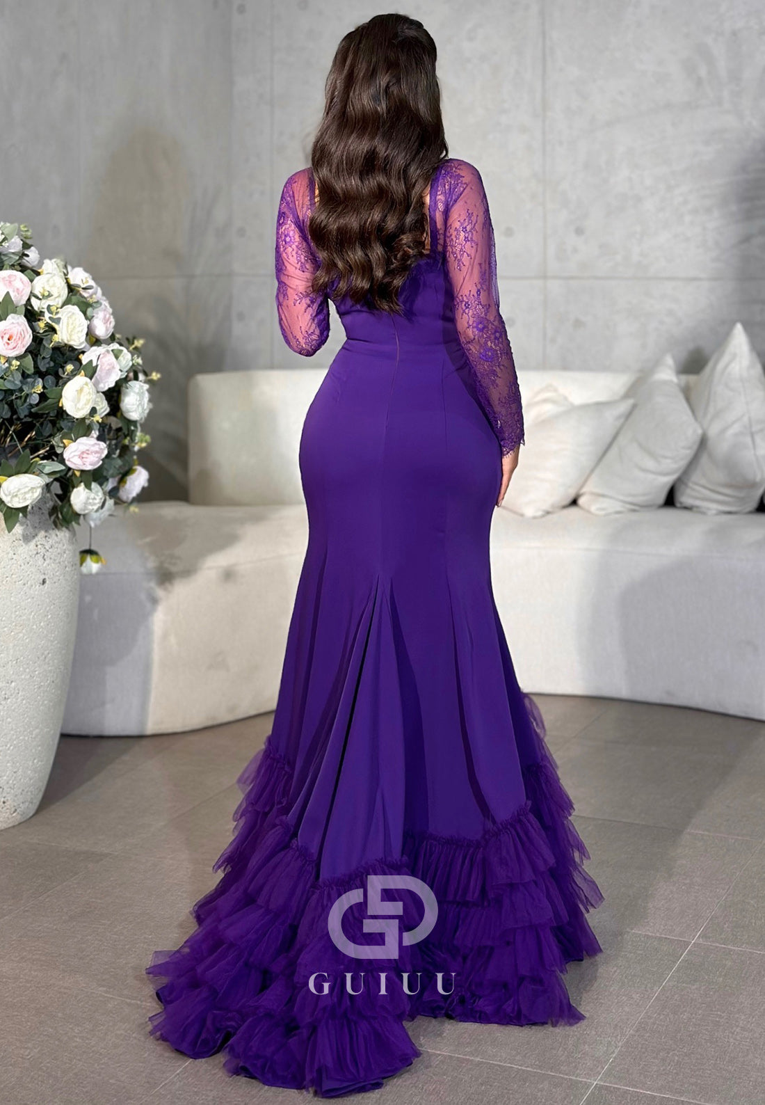 Mermaid Long Sleeves Square Ruffles Evening Dress