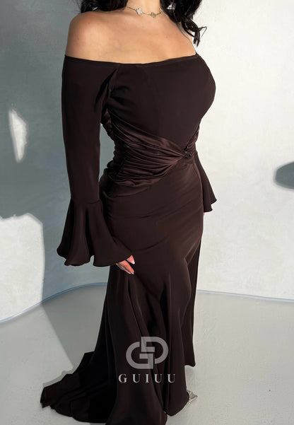 Simple A-Line Long Sleeves Off-Shoulder Empire-Waist Evening Dress