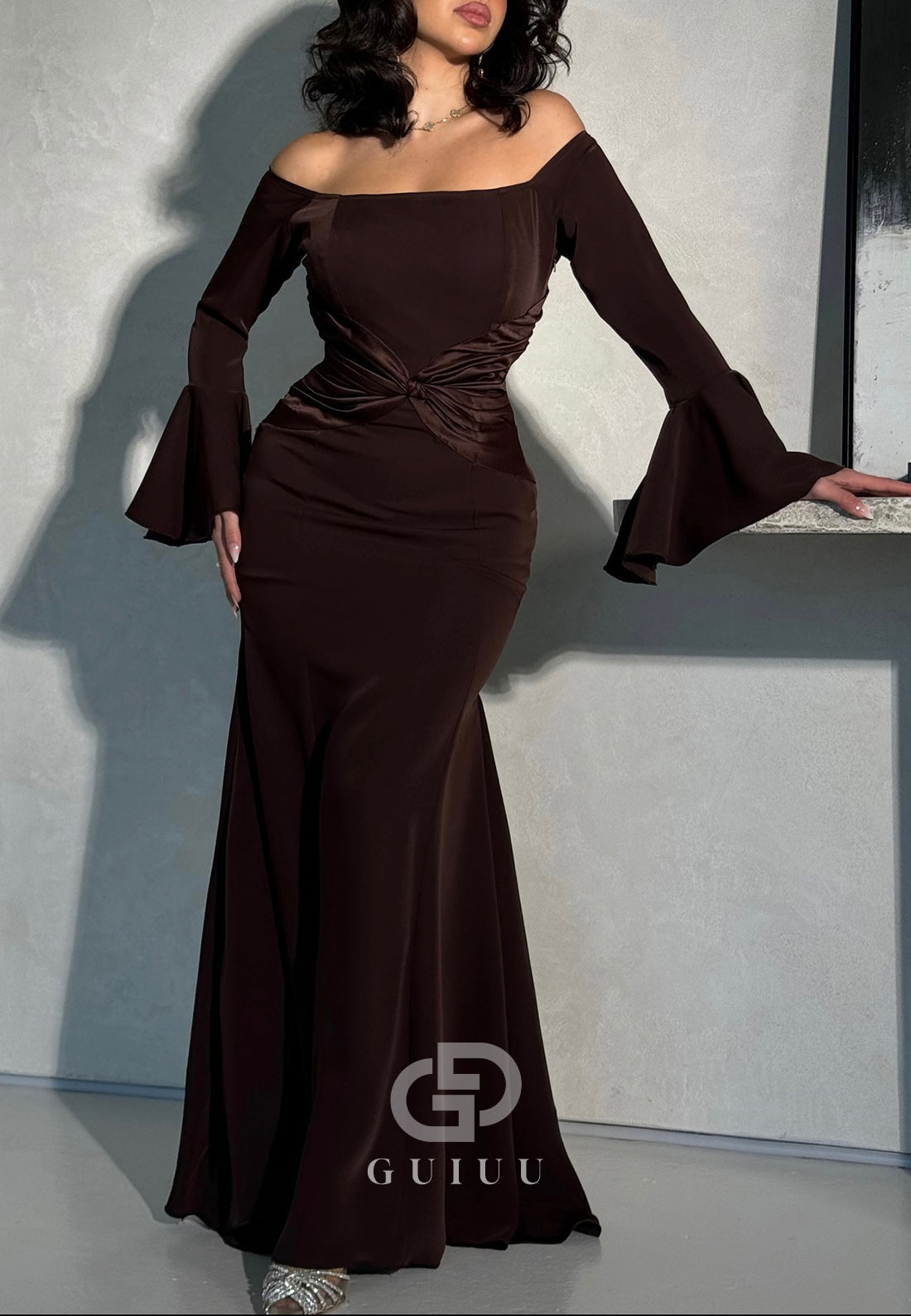 Simple A-Line Long Sleeves Off-Shoulder Empire-Waist Evening Dress