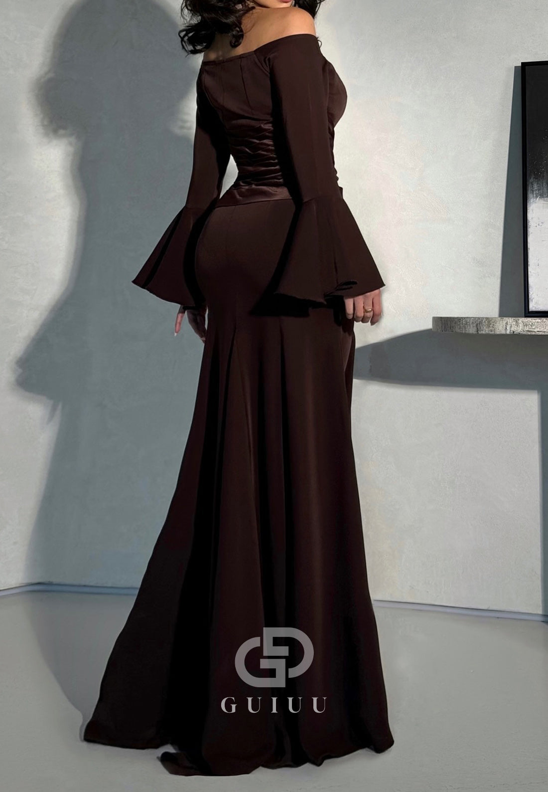 Simple A-Line Long Sleeves Off-Shoulder Empire-Waist Evening Dress