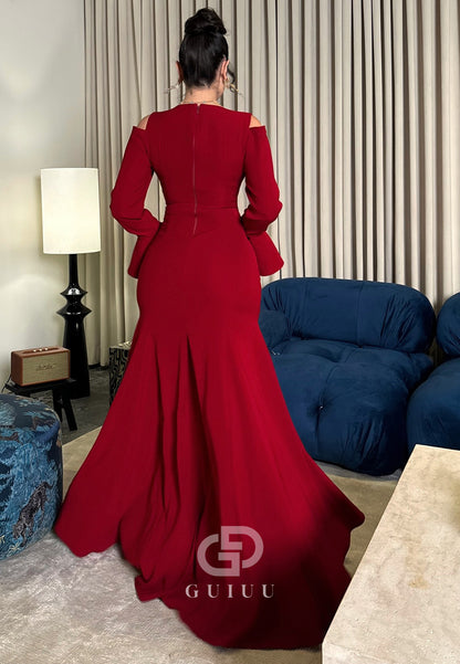 Red Scoop Long Sleeves Empire-Waist Satin Evening Dress