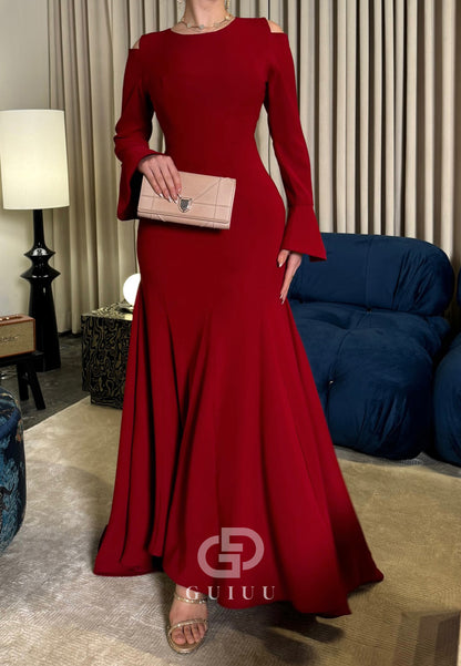 Red Scoop Long Sleeves Empire-Waist Satin Evening Dress