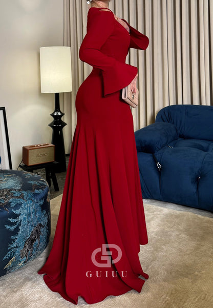 Red Scoop Long Sleeves Empire-Waist Satin Evening Dress