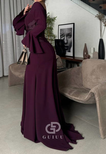 Simple A-Line Long Sleeves Off-Shoulder Empire-Waist Evening Dress