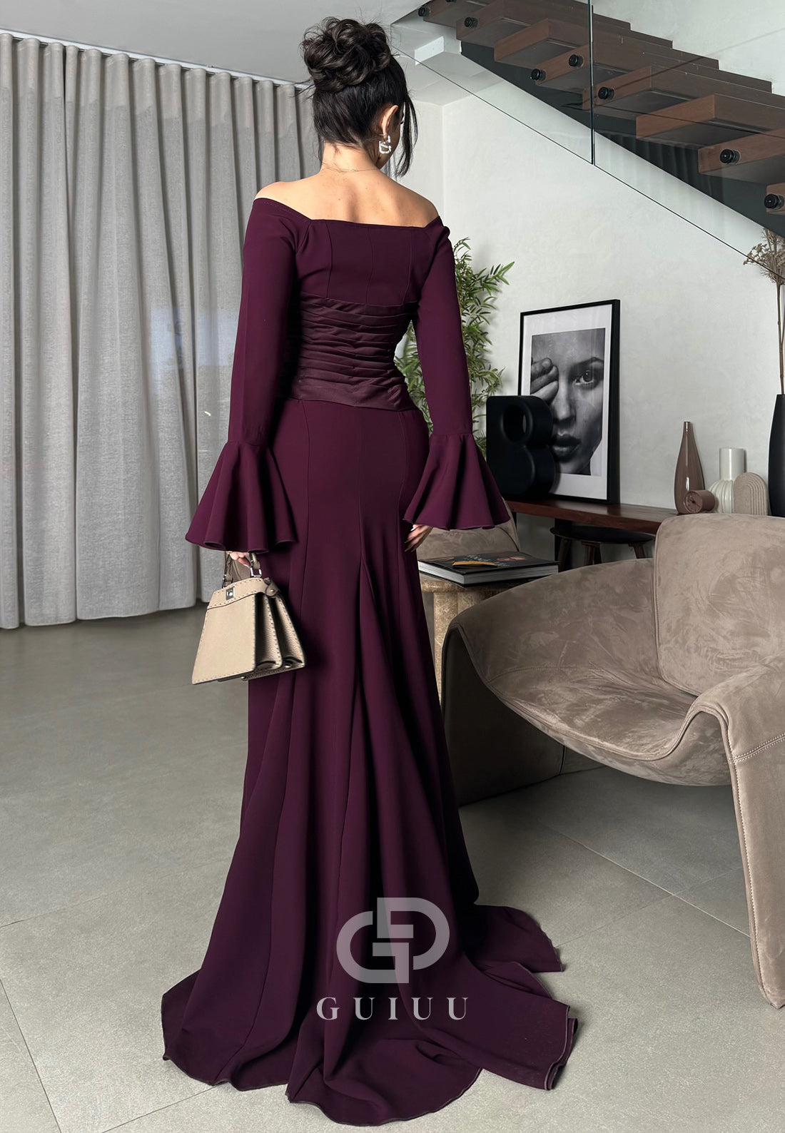 Simple A-Line Long Sleeves Off-Shoulder Empire-Waist Evening Dress