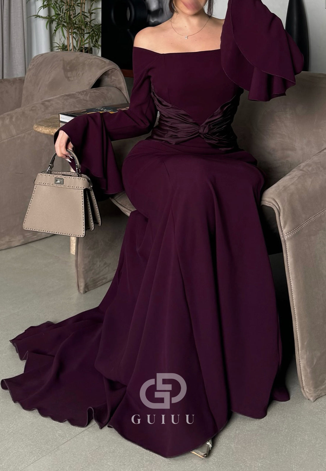 Simple A-Line Long Sleeves Off-Shoulder Empire-Waist Evening Dress