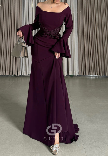 Simple A-Line Long Sleeves Off-Shoulder Empire-Waist Evening Dress