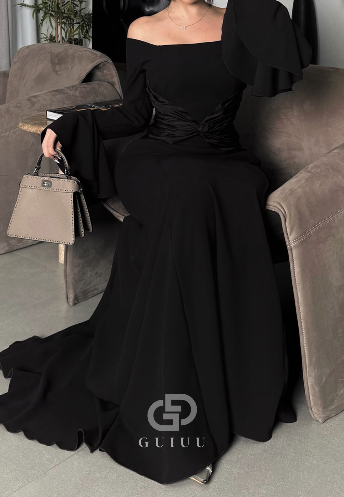 Simple A-Line Long Sleeves Off-Shoulder Empire-Waist Evening Dress