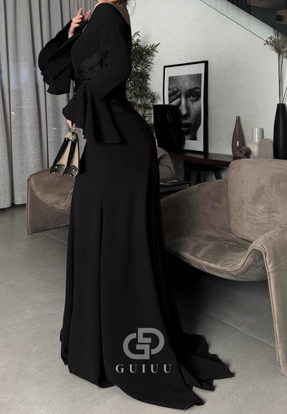 Simple A-Line Long Sleeves Off-Shoulder Empire-Waist Evening Dress