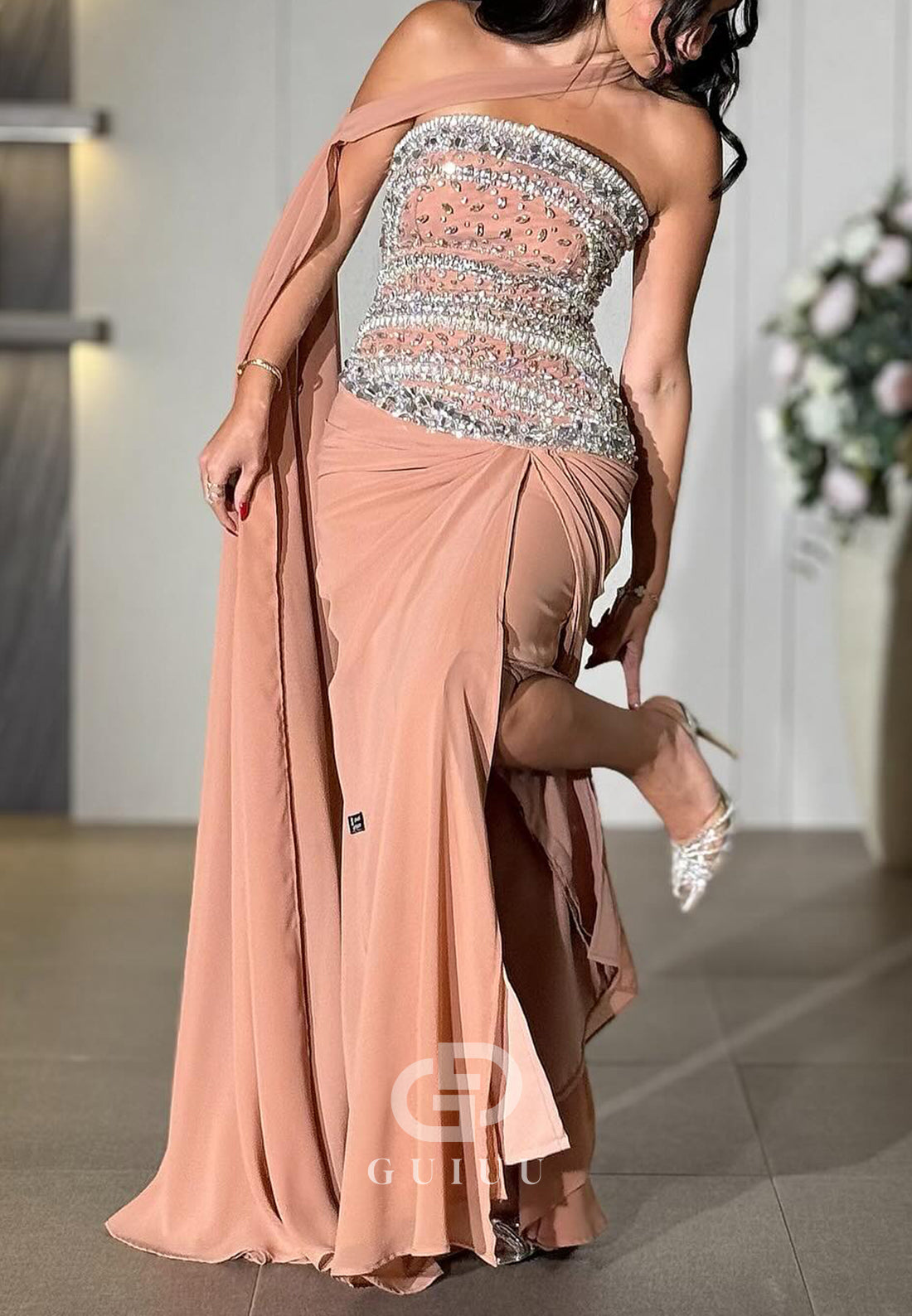 Caral Sleeveless Strapless Beads A-Line Evening Dress