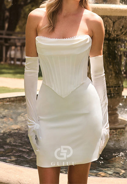 Mini Strapless Sleeves Ruched Wedding Dress