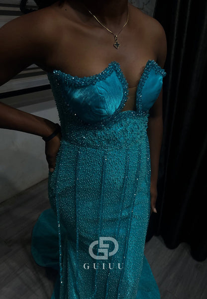 Pool Sleeveless Strapless Sequins Mermaid Prom Dress