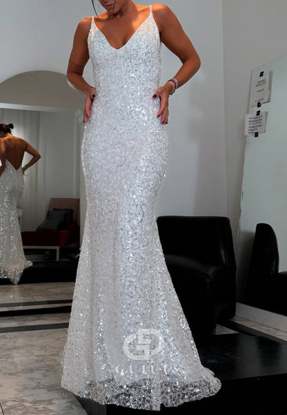 Sparkly Spaghetti Straps V-Neck Backless Wedding Dress