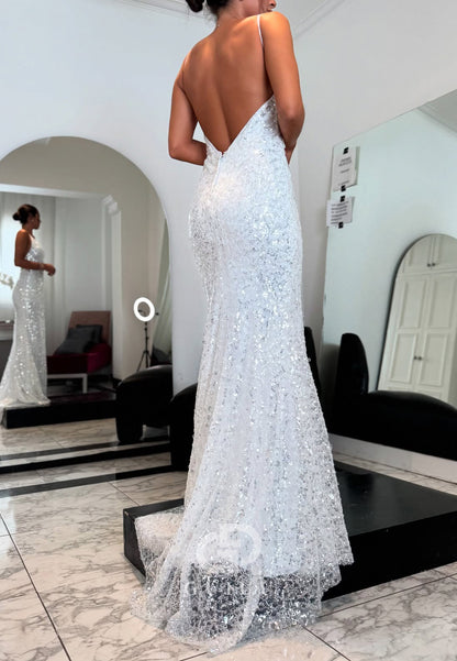 Sparkly Spaghetti Straps V-Neck Backless Wedding Dress