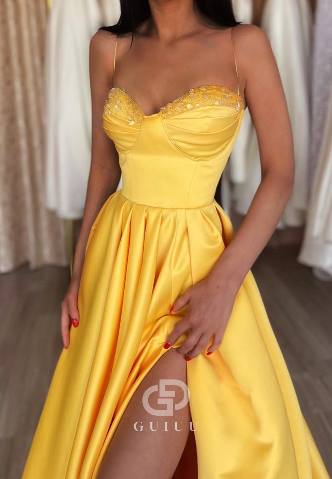 Daffodil A-Line Spaghetti Straps Sweetheart Prom Dress with Slit Ruched Evening Dress