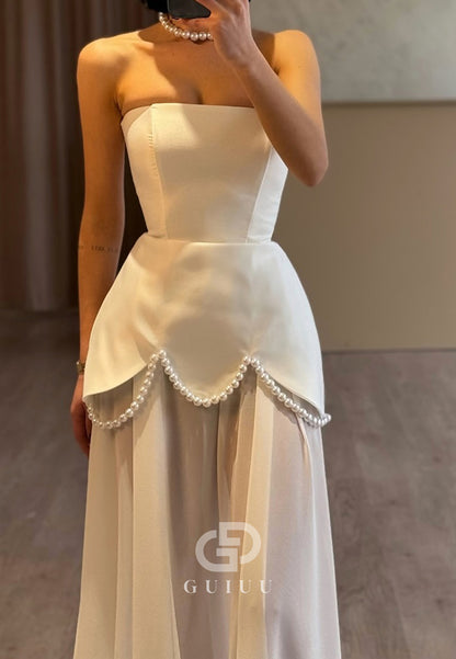 Simple Strapless Sleeveless Pearls Corset Evening Dress