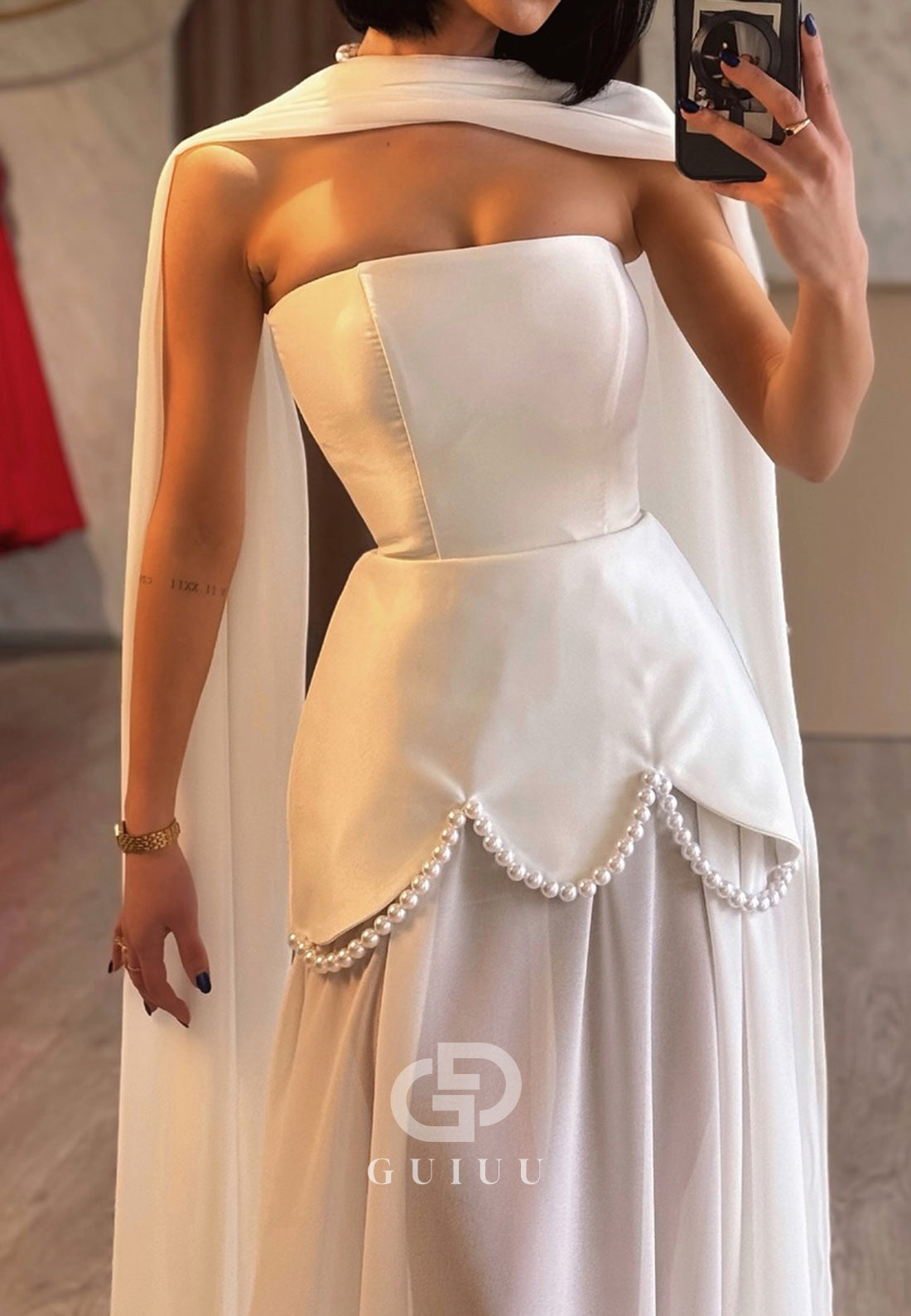 Simple Strapless Sleeveless Pearls Corset Evening Dress