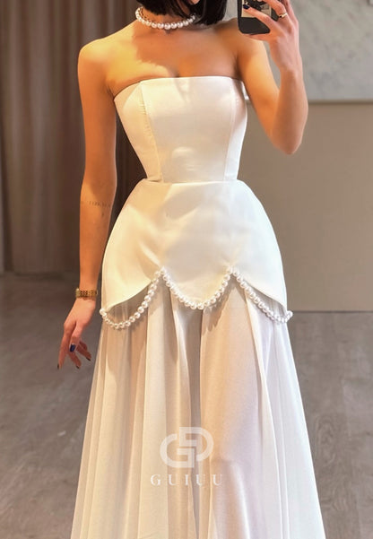 Simple Strapless Sleeveless Pearls Corset Evening Dress