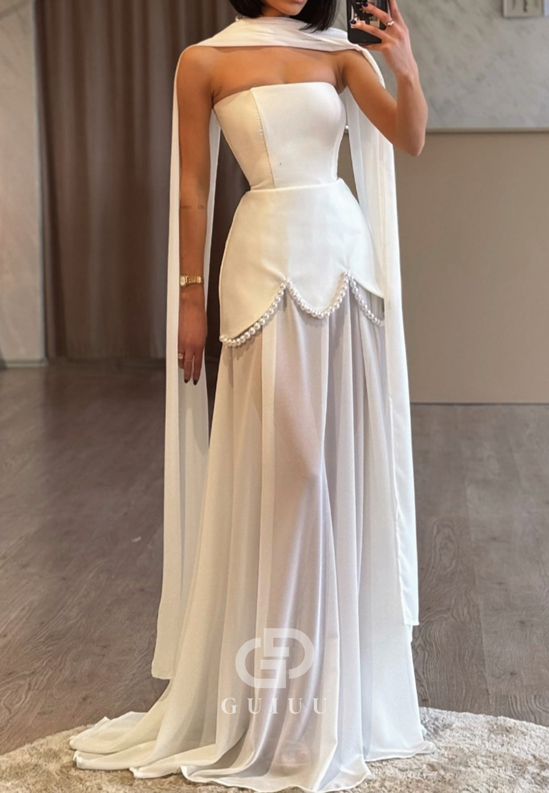 Simple Strapless Sleeveless Pearls Corset Evening Dress