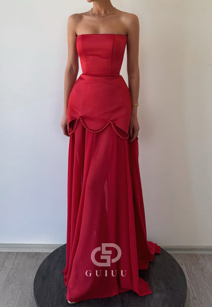 Simple Strapless Sleeveless Pearls Corset Evening Dress