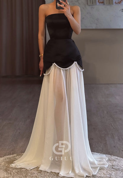 Simple Strapless Sleeveless Pearls Corset Evening Dress