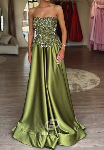 Sparkly Strapless Sleeveless Seqins Empire-Waist Evening Dress