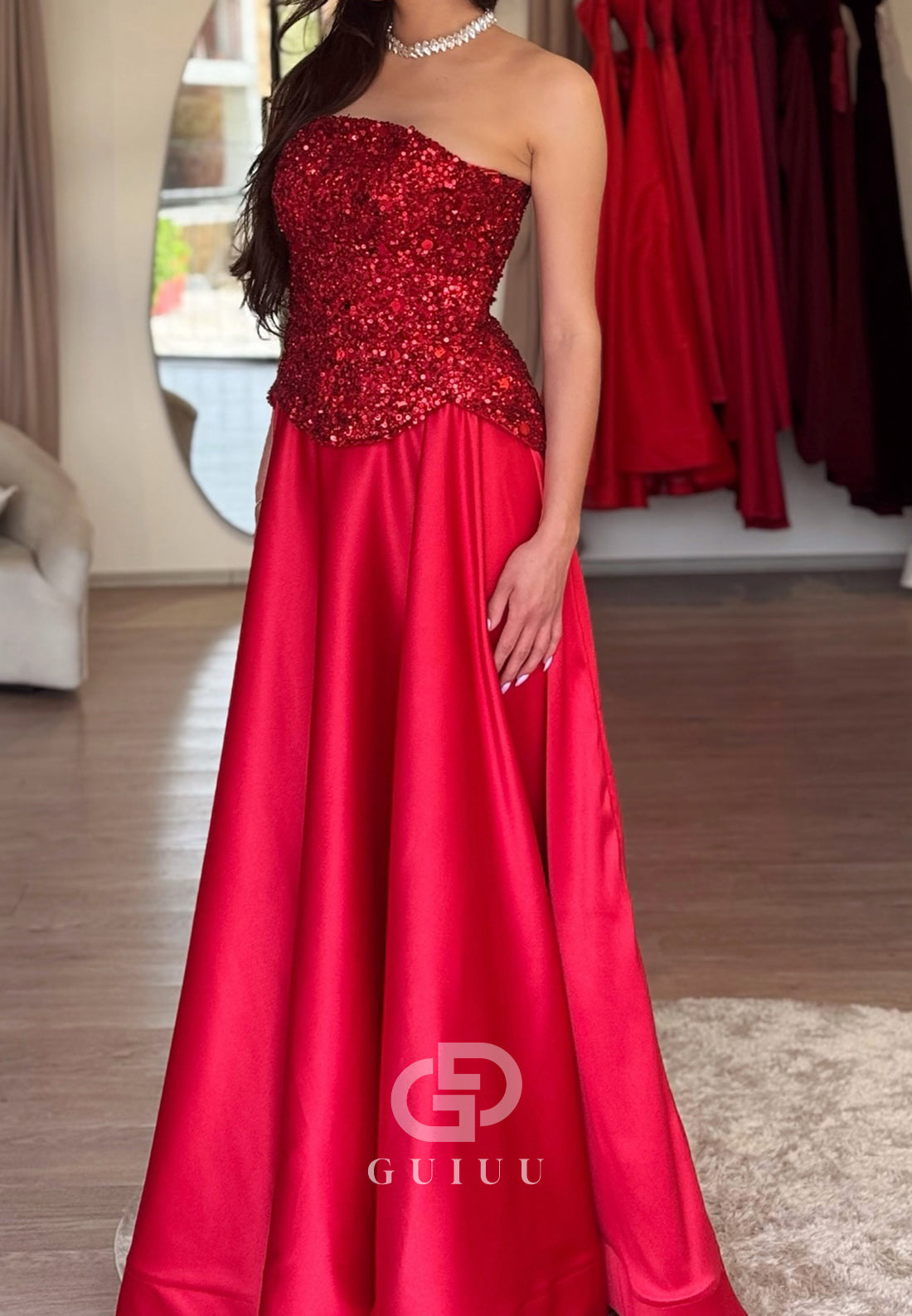 Sparkly Strapless Sleeveless Seqins Empire-Waist Evening Dress