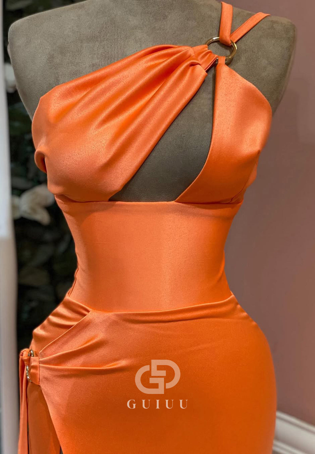 Papaya One Shoulder Sleeveless Prom Dress with Slit Ruched Evening Party Dress