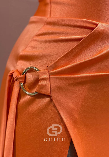 Papaya One Shoulder Sleeveless Prom Dress with Slit Ruched Evening Party Dress