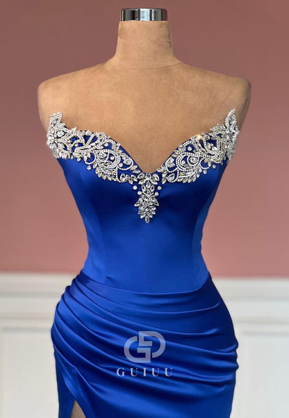 Royal Blue Sleeveless Strapless Prom Dress with Beads Slit Evening Party Dress