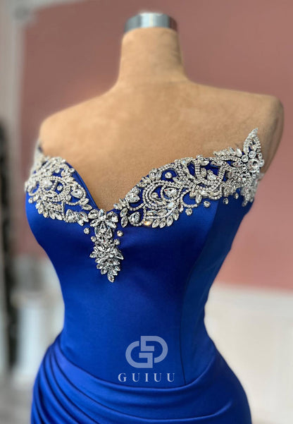 Royal Blue Sleeveless Strapless Prom Dress with Beads Slit Evening Party Dress