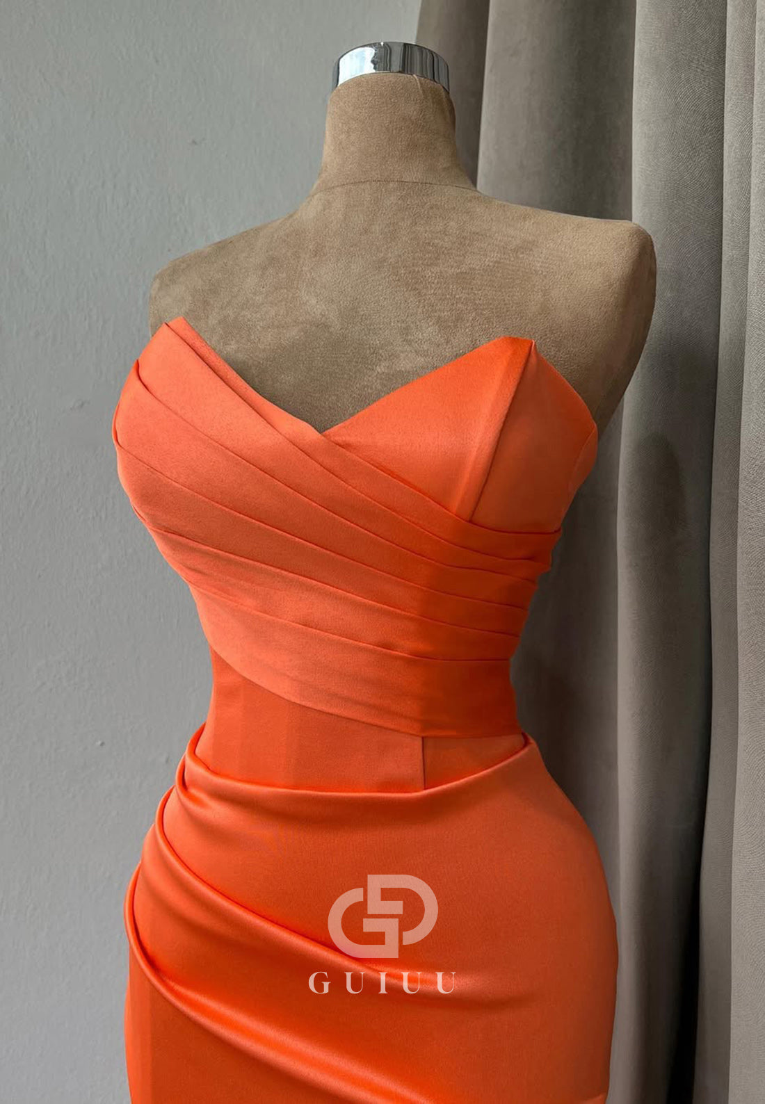 Papaya Sleeveless Strapless Prom Dress with Slit Ruched Evening Party Dress