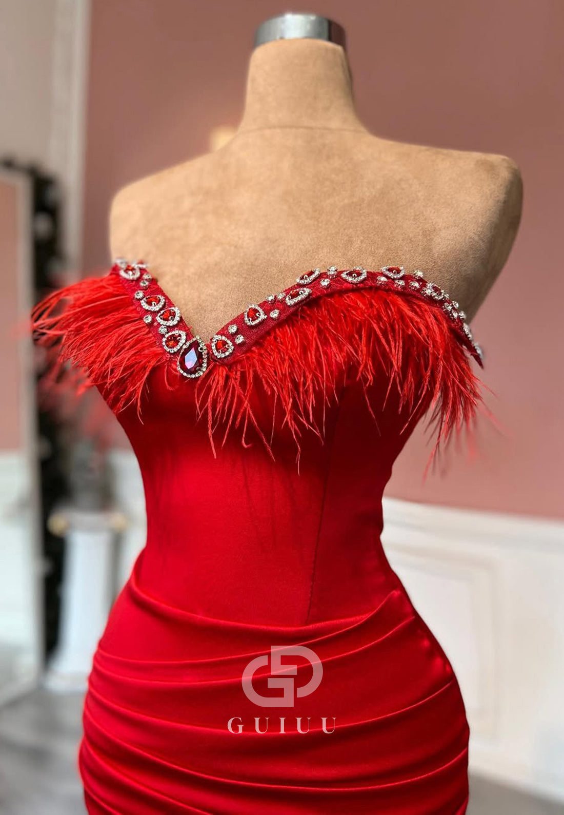 Red Sleeveless Strapless Prom Dress With Pleats Ruched Evening Party Dress