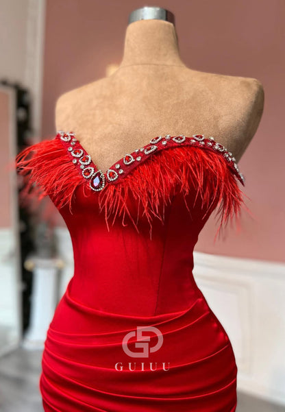 Red Sleeveless Strapless Prom Dress With Pleats Ruched Evening Party Dress