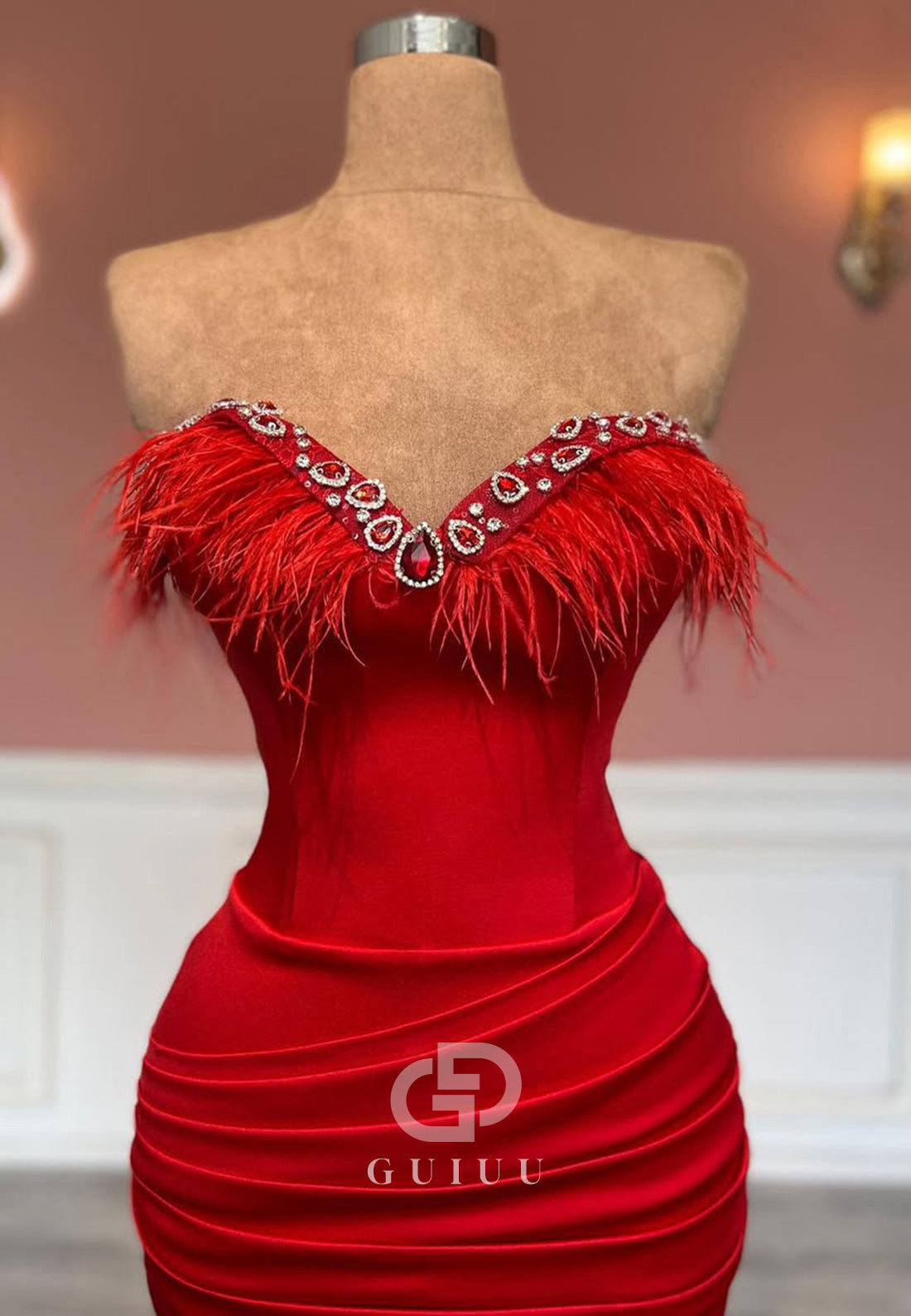 Red Sleeveless Strapless Prom Dress With Pleats Ruched Evening Party Dress