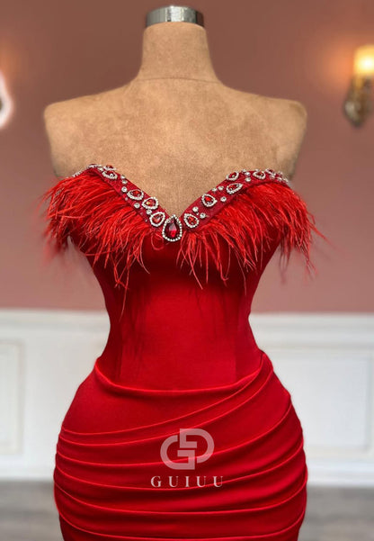 Red Sleeveless Strapless Prom Dress With Pleats Ruched Evening Party Dress