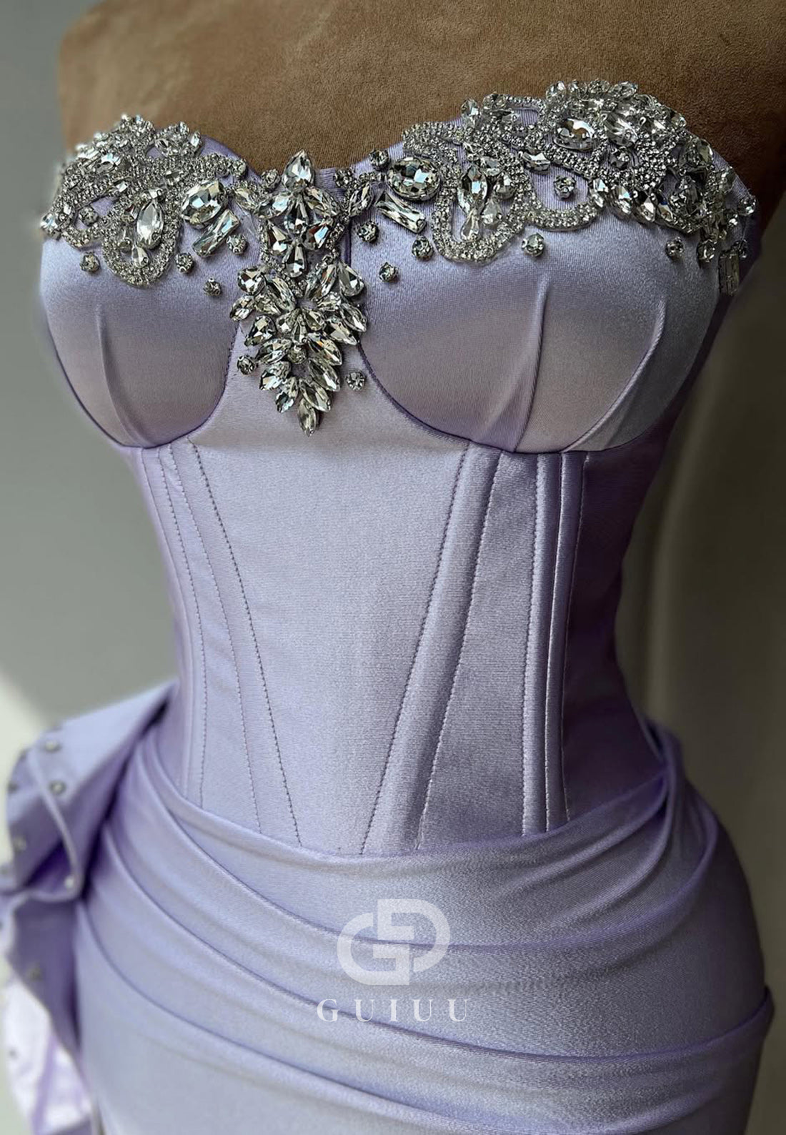 Lilac Sleeveless Strapless Prom Dress with Slit Beads Evnening Party Dress