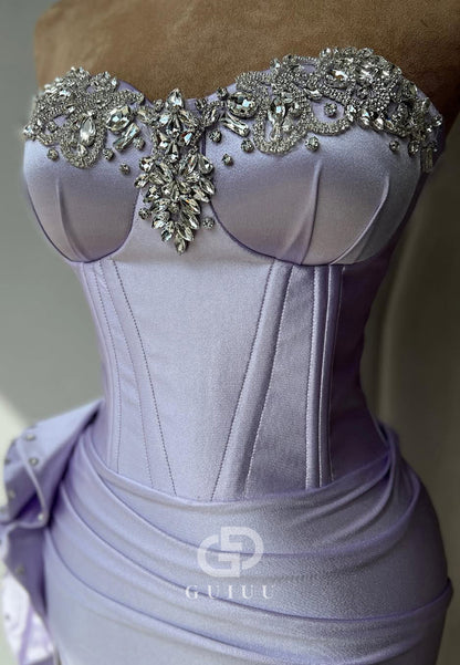 Lilac Sleeveless Strapless Prom Dress with Slit Beads Evnening Party Dress