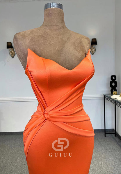 Papaya Sleeveless Strapless Prom Dress with Pleats Ruched Evening Party Dress