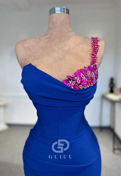 Royal Blue One Shoulder Sleeveless Prom Dress with Slit Beads Evening Party Dress