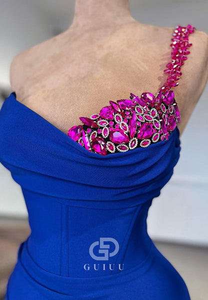 Royal Blue One Shoulder Sleeveless Prom Dress with Slit Beads Evening Party Dress