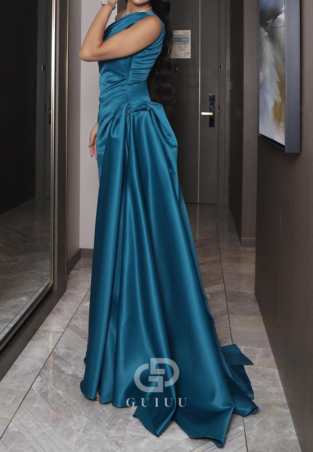 One Shoulder Sleeveless Ruched Knee-Length Evening Dress