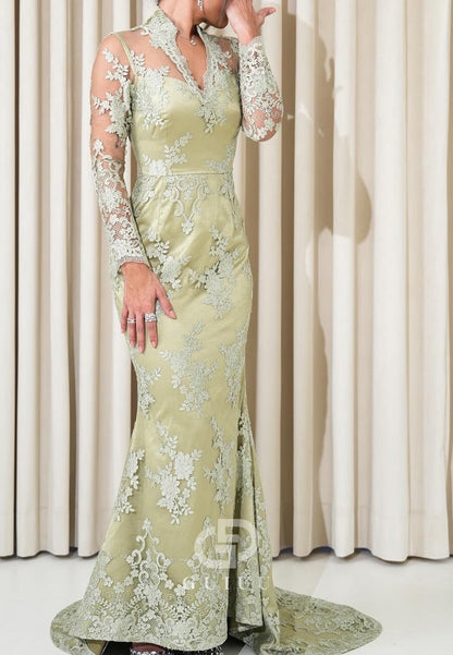 Dusty Sage Long Sleeves V-Neck Floral Appliques Lace Evening Dress