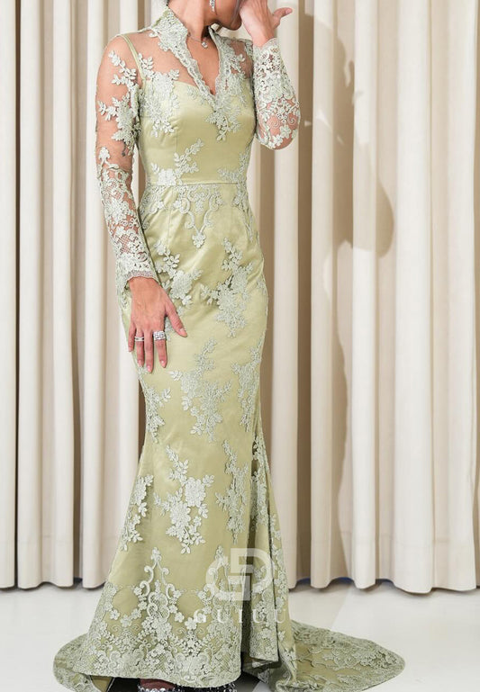 Dusty Sage Long Sleeves V-Neck Floral Appliques Lace Evening Dress