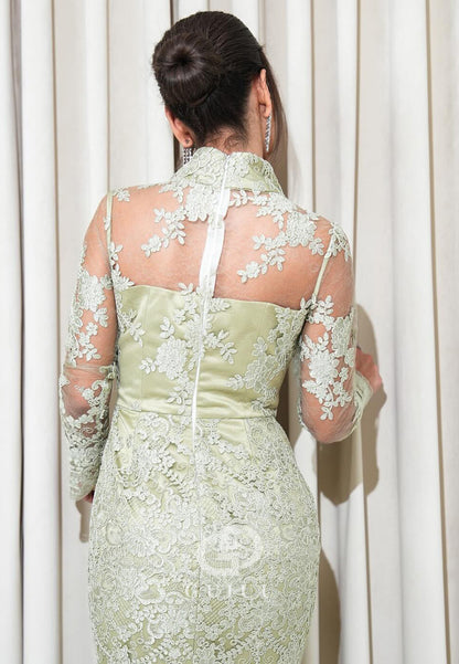 Dusty Sage Long Sleeves V-Neck Floral Appliques Lace Evening Dress