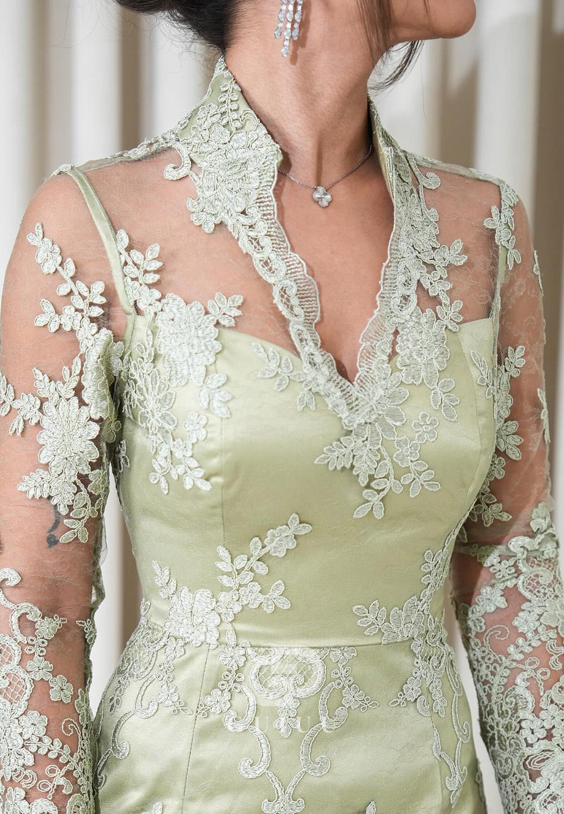 Dusty Sage Long Sleeves V-Neck Floral Appliques Lace Evening Dress
